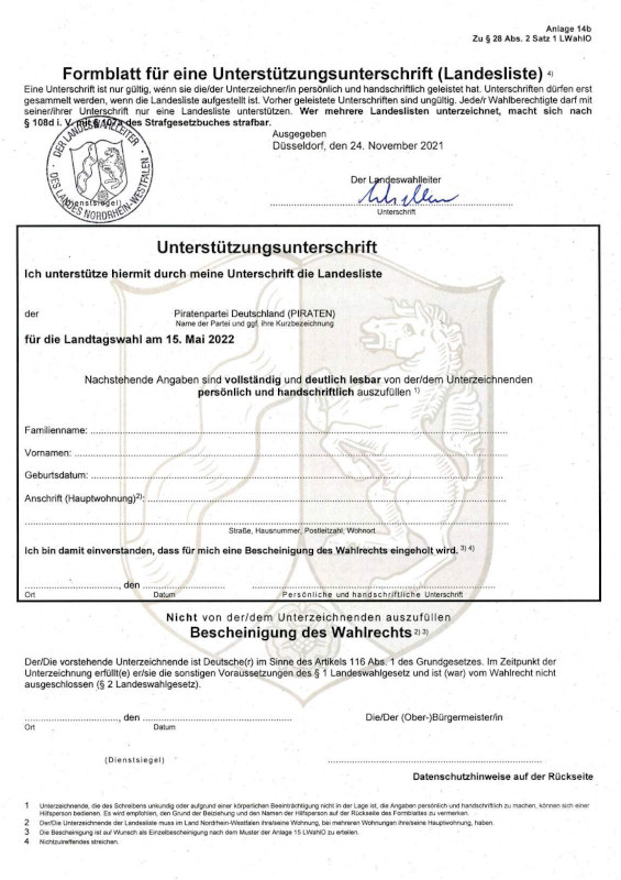 Formblatt für eine Unterstützungsunterschrift (Landtagswahl NRW 2022)