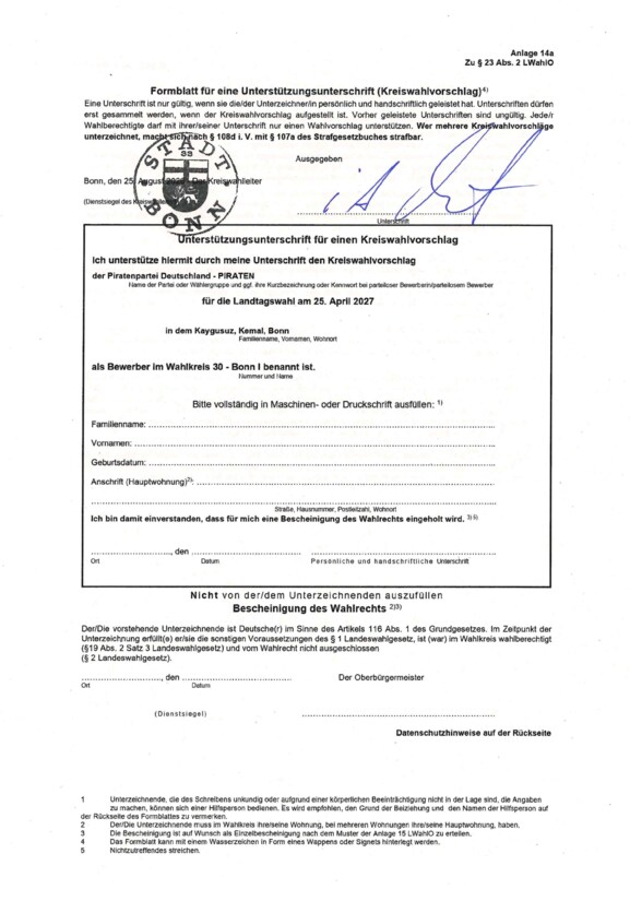 Formular für eine Unterstützungsunterschrift (Kreiswahlvorschlag Bonn I)