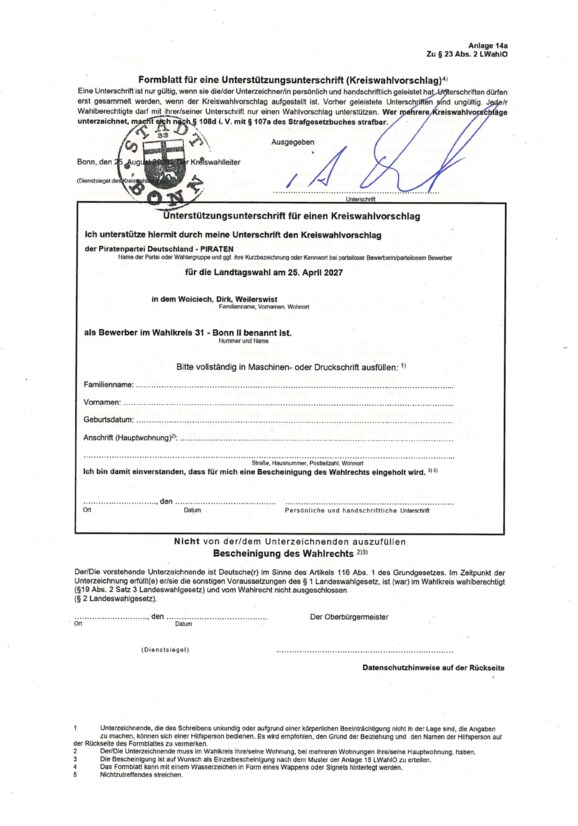 Formular für eine Unterstützungsunterschrift (Kreiswahlvorschlag Bonn II)