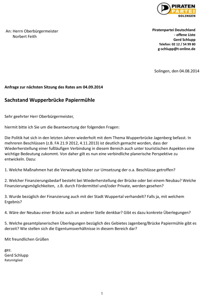 Anfrage Piraten - Sachstand Wupperbrücke Papiermühle